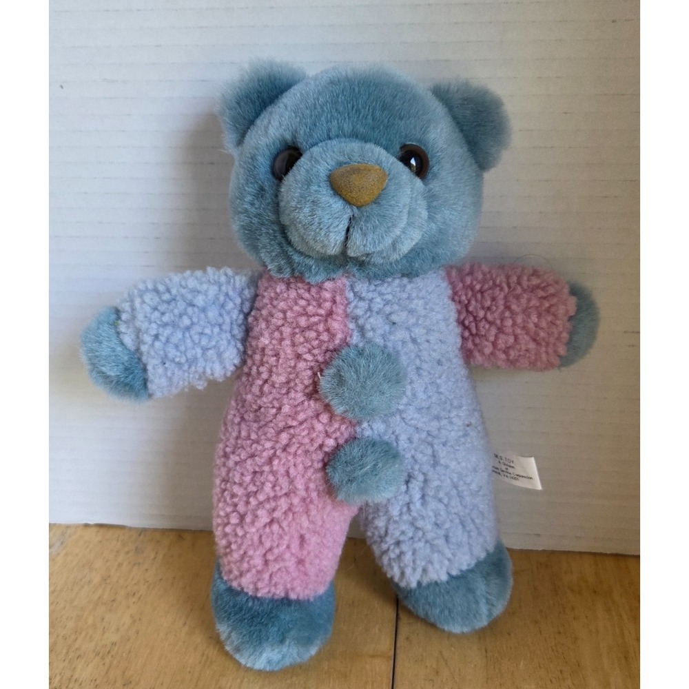 Vintage M.S. Toy Color Block Sherpa Texture Pink & Blue Clown Bear Pom Poms 9 in